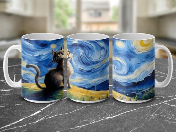 Starry Night Cat Design Artistic Decorative Mugs - Image 2