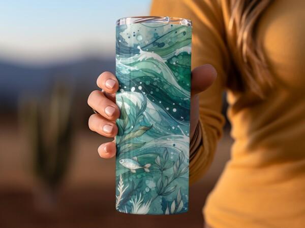 Ocean Wave Fish and Seaweed Design, Eco-Friendly Reusable Tumbler - Image 2
