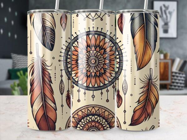 Feathers and Dreamcatcher Design, Eco-Friendly Reusable Tumbler
