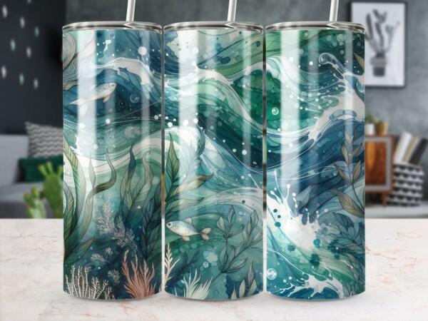 Ocean Wave Fish and Seaweed Design, Eco-Friendly Reusable Tumbler