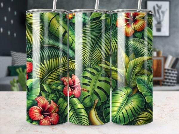 Tropical Jungle Leaves and Hibiscus Design, Eco-Friendly Reusable Tumbler