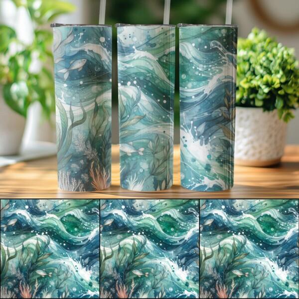 Ocean Wave Fish and Seaweed Design, Eco-Friendly Reusable Tumbler - Image 4