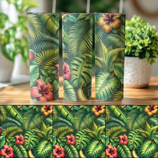 Tropical Jungle Leaves and Hibiscus Design, Eco-Friendly Reusable Tumbler - Image 4