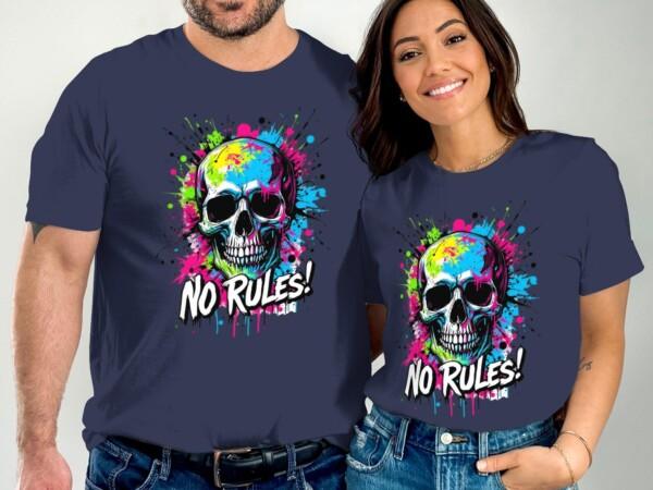 Vibrant Skull T-Shirt No Rules Graphic Tee Edgy Urban Art Shirt Colorful Skull Print Streetwear Top Cool Casual Tee - Image 2