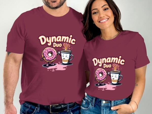 Fun Dynamic Duo Coffee and Donut T-Shirt, Cute Breakfast Pair Graphic Tee, Whimsical Food Friends Shirt, Unique Gift for Coffee Lovers - Image 3