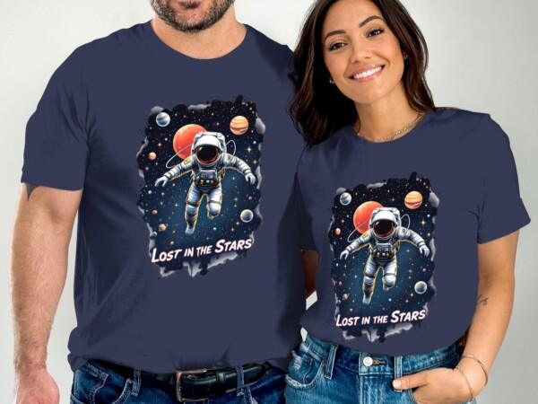 Lost in the Stars Astronaut T-Shirt, Space Adventure Graphic Tee, Cosmic Planets Artwork, Galactic Spacewalk Design - Image 2