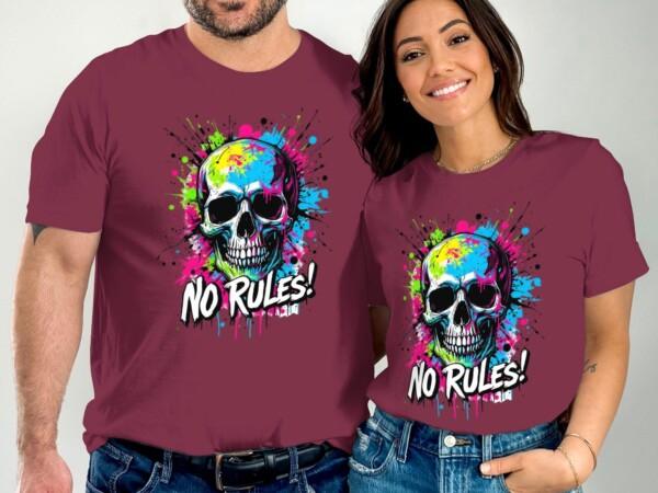 Vibrant Skull T-Shirt No Rules Graphic Tee Edgy Urban Art Shirt Colorful Skull Print Streetwear Top Cool Casual Tee - Image 3