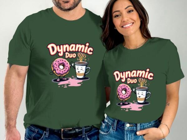 Fun Dynamic Duo Coffee and Donut T-Shirt, Cute Breakfast Pair Graphic Tee, Whimsical Food Friends Shirt, Unique Gift for Coffee Lovers - Image 4