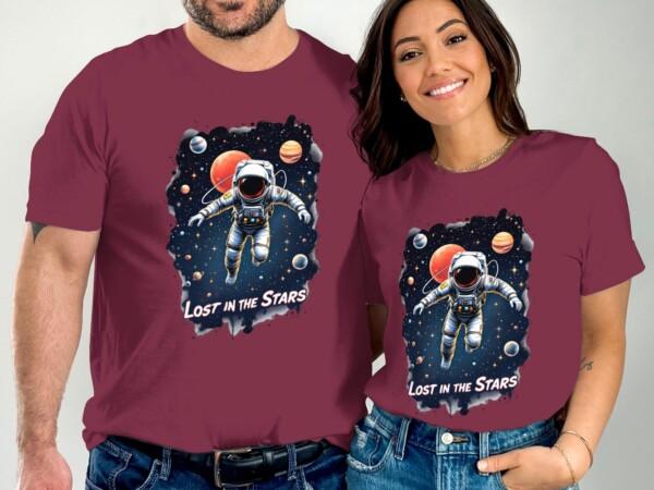 Lost in the Stars Astronaut T-Shirt, Space Adventure Graphic Tee, Cosmic Planets Artwork, Galactic Spacewalk Design - Image 3