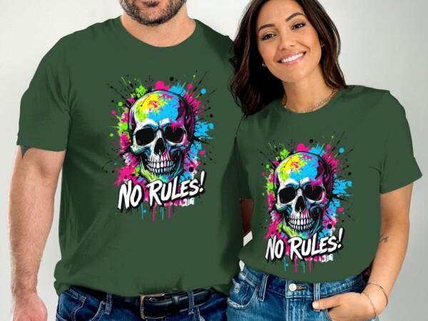 Vibrant Skull T-Shirt No Rules Graphic Tee Edgy Urban Art Shirt Colorful Skull Print Streetwear Top Cool Casual Tee - Image 4