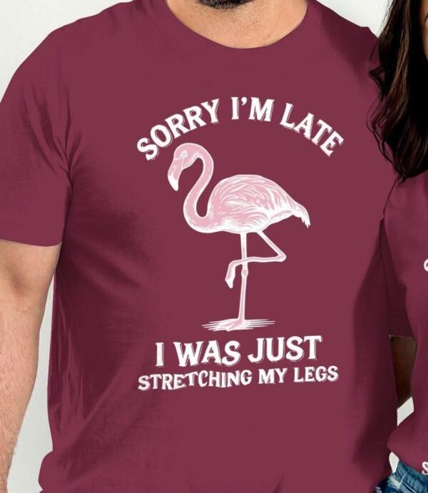 Funny Flamingo Shirt, Sorry I'm Late T Shirt, Stretching My Legs Tee, Cute Animal Graphic Shirt, Humorous Casual Wear