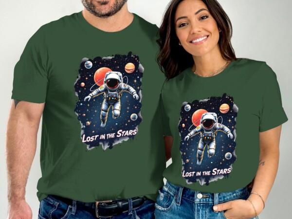 Lost in the Stars Astronaut T-Shirt, Space Adventure Graphic Tee, Cosmic Planets Artwork, Galactic Spacewalk Design - Image 4
