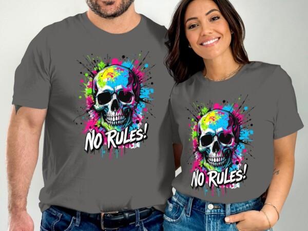 Vibrant Skull T-Shirt No Rules Graphic Tee Edgy Urban Art Shirt Colorful Skull Print Streetwear Top Cool Casual Tee - Image 5