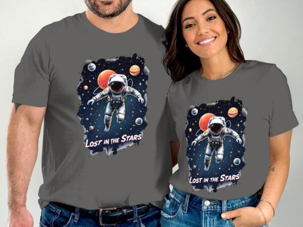 Lost in the Stars Astronaut T-Shirt, Space Adventure Graphic Tee, Cosmic Planets Artwork, Galactic Spacewalk Design - Image 5