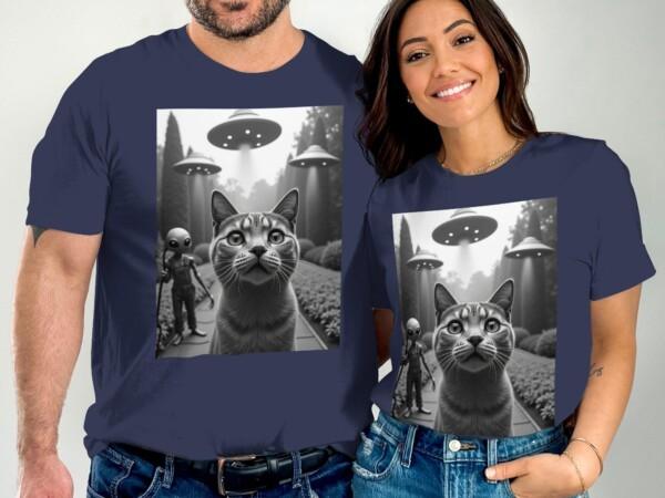 Cute Alien Cat UFO Encounter T-Shirt, Fun Sci-Fi Kitty Tee, Adorable Extraterrestrial Cat with UFOs, Unique Cat Lover Gift - Image 2