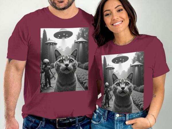 Cute Alien Cat UFO Encounter T-Shirt, Fun Sci-Fi Kitty Tee, Adorable Extraterrestrial Cat with UFOs, Unique Cat Lover Gift - Image 3