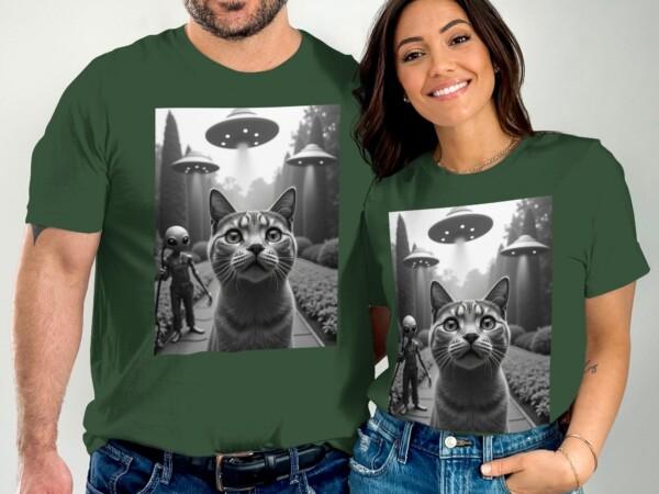 Cute Alien Cat UFO Encounter T-Shirt, Fun Sci-Fi Kitty Tee, Adorable Extraterrestrial Cat with UFOs, Unique Cat Lover Gift - Image 4