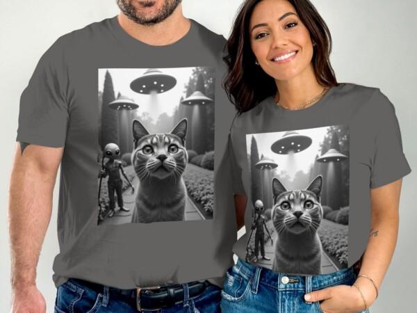Cute Alien Cat UFO Encounter T-Shirt, Fun Sci-Fi Kitty Tee, Adorable Extraterrestrial Cat with UFOs, Unique Cat Lover Gift - Image 5
