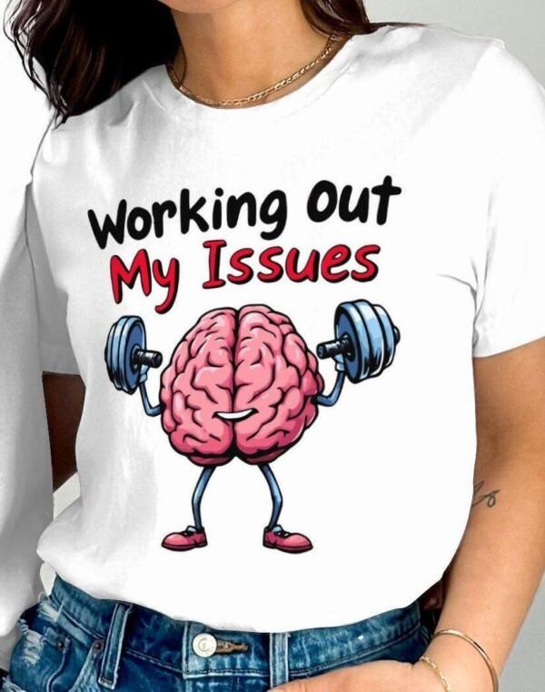 Funny Workout Gym Illustration, Working Out My Issues T-Shirt, Unique Fitness Gift, Brain Lifting Weights Tee, Quirky Gym Apparel