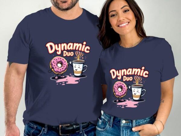 Fun Dynamic Duo Coffee and Donut T-Shirt, Cute Breakfast Pair Graphic Tee, Whimsical Food Friends Shirt, Unique Gift for Coffee Lovers - Image 2