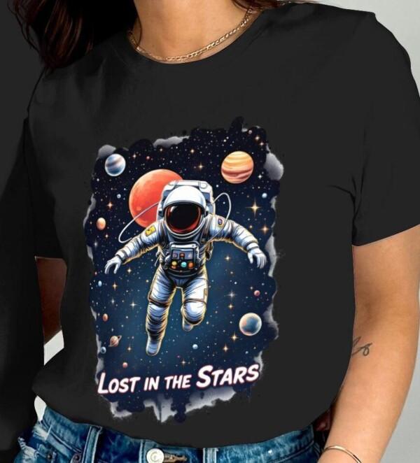Lost in the Stars Astronaut T-Shirt, Space Adventure Graphic Tee, Cosmic Planets Artwork, Galactic Spacewalk Design
