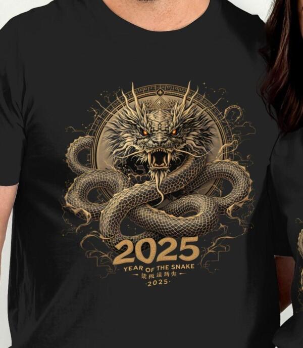 Year of the Snake 2025 T-Shirt, Chinese Zodiac Dragon Design Tee, Unique Anime Style Shirt, Japanese Mythical Creature Top