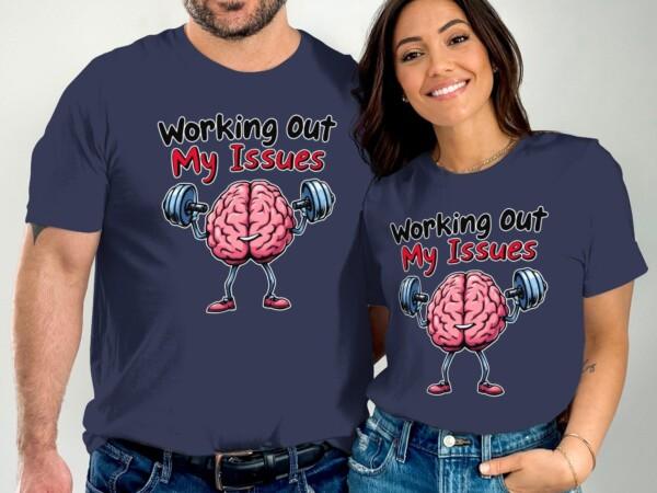 Funny Workout Gym Illustration, Working Out My Issues T-Shirt, Unique Fitness Gift, Brain Lifting Weights Tee, Quirky Gym Apparel - Image 2