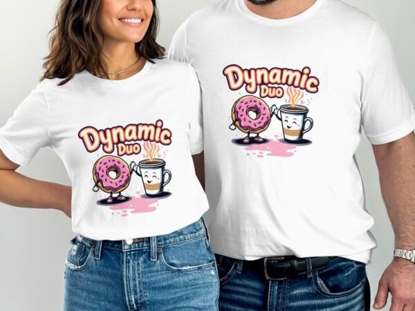 Fun Dynamic Duo Coffee and Donut T-Shirt, Cute Breakfast Pair Graphic Tee, Whimsical Food Friends Shirt, Unique Gift for Coffee Lovers - Image 8