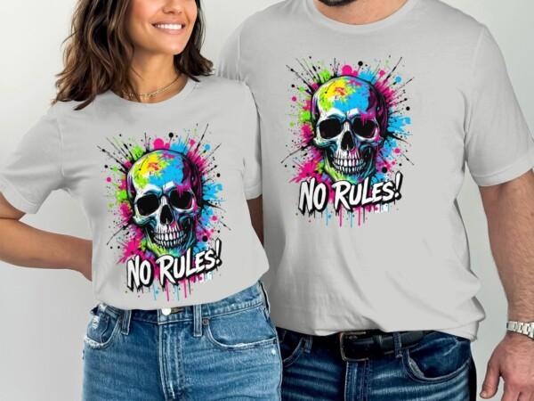 Vibrant Skull T-Shirt No Rules Graphic Tee Edgy Urban Art Shirt Colorful Skull Print Streetwear Top Cool Casual Tee - Image 7