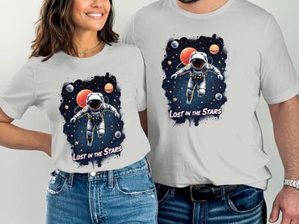 Lost in the Stars Astronaut T-Shirt, Space Adventure Graphic Tee, Cosmic Planets Artwork, Galactic Spacewalk Design - Image 7