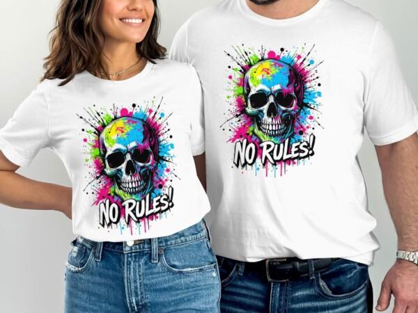 Vibrant Skull T-Shirt No Rules Graphic Tee Edgy Urban Art Shirt Colorful Skull Print Streetwear Top Cool Casual Tee - Image 8