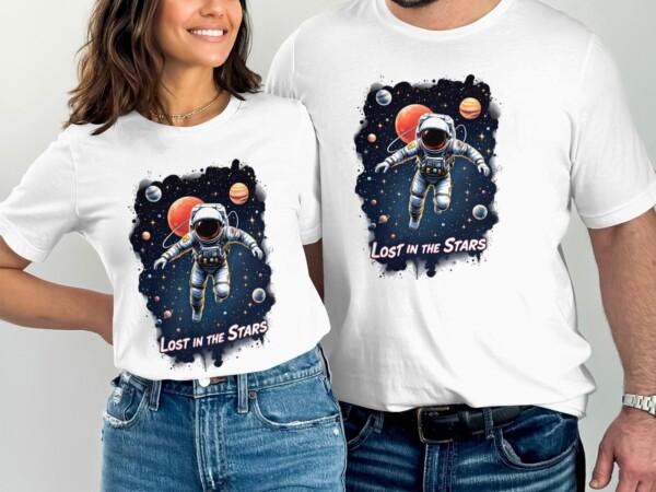 Lost in the Stars Astronaut T-Shirt, Space Adventure Graphic Tee, Cosmic Planets Artwork, Galactic Spacewalk Design - Image 8