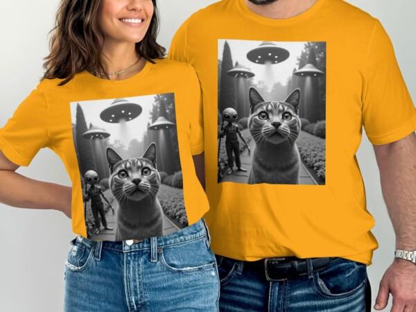 Cute Alien Cat UFO Encounter T-Shirt, Fun Sci-Fi Kitty Tee, Adorable Extraterrestrial Cat with UFOs, Unique Cat Lover Gift - Image 6