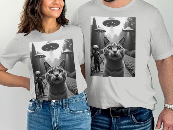 Cute Alien Cat UFO Encounter T-Shirt, Fun Sci-Fi Kitty Tee, Adorable Extraterrestrial Cat with UFOs, Unique Cat Lover Gift - Image 7