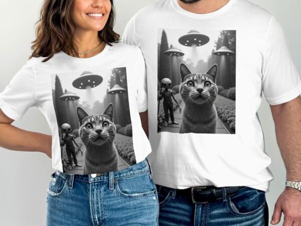 Cute Alien Cat UFO Encounter T-Shirt, Fun Sci-Fi Kitty Tee, Adorable Extraterrestrial Cat with UFOs, Unique Cat Lover Gift - Image 8