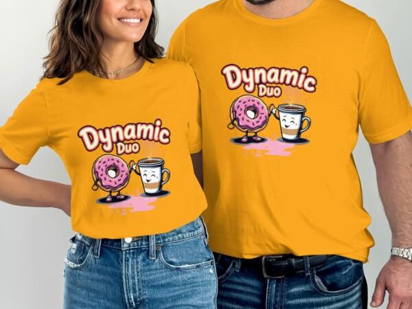 Fun Dynamic Duo Coffee and Donut T-Shirt, Cute Breakfast Pair Graphic Tee, Whimsical Food Friends Shirt, Unique Gift for Coffee Lovers - Image 6