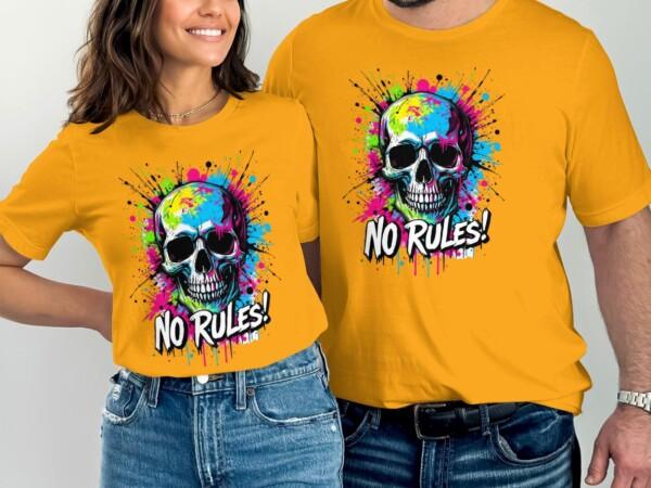 Vibrant Skull T-Shirt No Rules Graphic Tee Edgy Urban Art Shirt Colorful Skull Print Streetwear Top Cool Casual Tee - Image 6