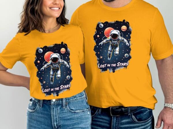 Lost in the Stars Astronaut T-Shirt, Space Adventure Graphic Tee, Cosmic Planets Artwork, Galactic Spacewalk Design - Image 6