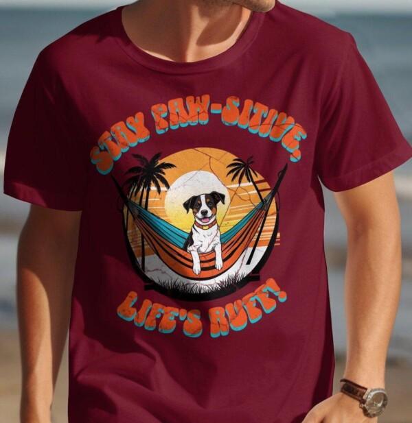 Pawsitive Vibes Only Please T Shirt Cute Dog in Hammock Graphic Tee Sunset Design Casual Unisex Shirt Funny Pet Lover Gift