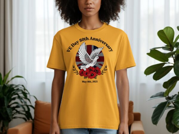 VE Day 80th Anniversary Dove Over Poppies UK Flag T-Shirts - Image 3