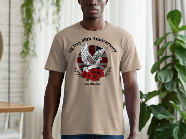 VE Day 80th Anniversary Dove Over Poppies UK Flag T-Shirts - Image 8
