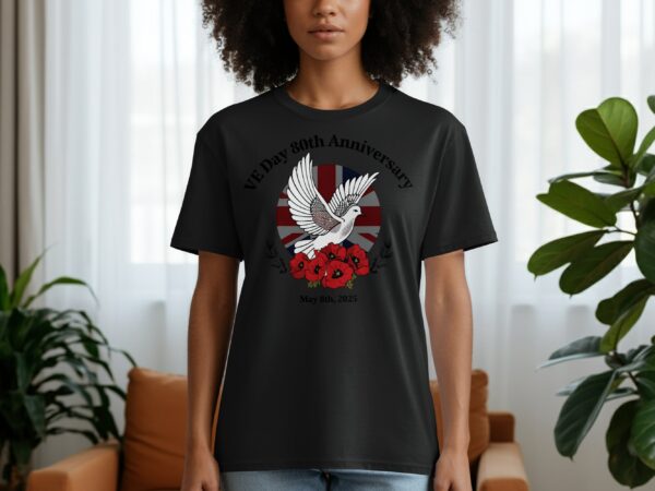 VE Day 80th Anniversary Dove Over Poppies UK Flag T-Shirts - Image 9
