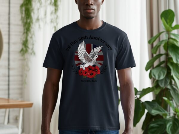 VE Day 80th Anniversary Dove Over Poppies UK Flag T-Shirts - Image 2