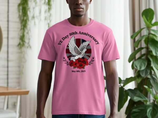 VE Day 80th Anniversary Dove Over Poppies UK Flag T-Shirts - Image 4