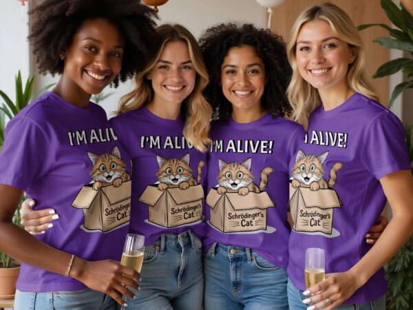 Schrödinger's Cat I'm Alive T-Shirt, Cute Cat in Box Graphic Tee, Funny Science Humor Shirt, Quirky Gift for Cat Lovers - Image 3