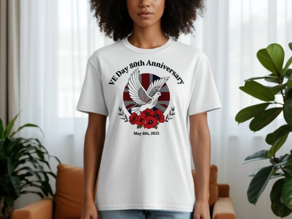 VE Day 80th Anniversary Dove Over Poppies UK Flag T-Shirts