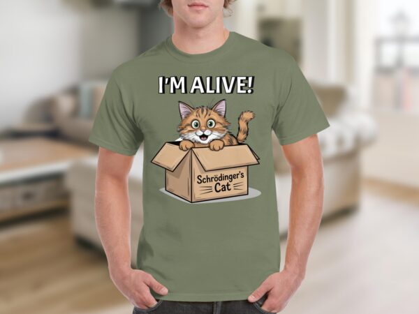 Schrödinger's Cat I'm Alive T-Shirt, Cute Cat in Box Graphic Tee, Funny Science Humor Shirt, Quirky Gift for Cat Lovers - Image 6