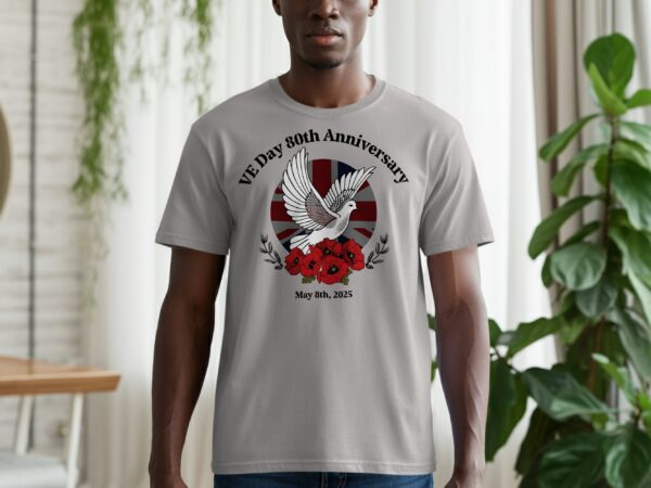 VE Day 80th Anniversary Dove Over Poppies UK Flag T-Shirts - Image 6